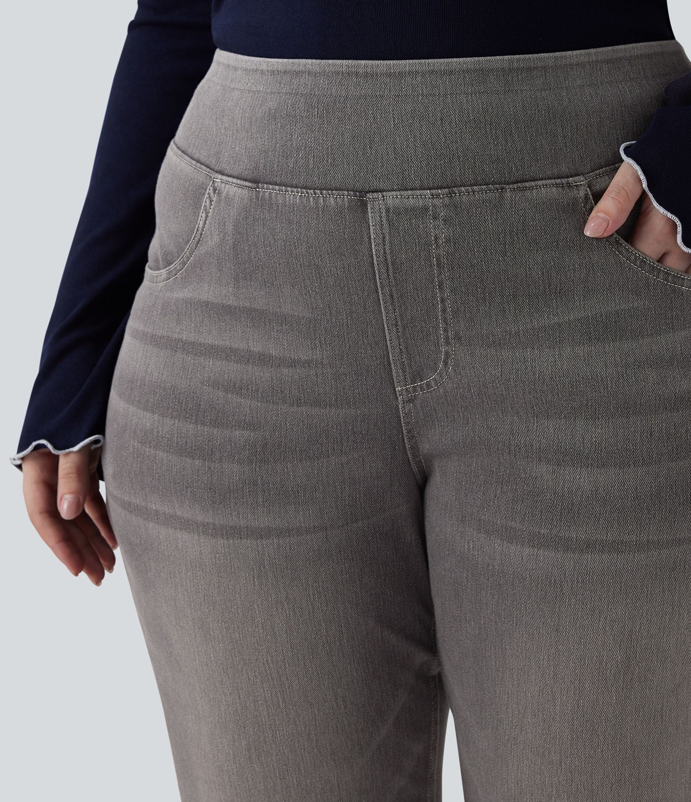 Jean décontracté Halara Flex™ grande taille bootcut taille haute en maille extensible délavée avec multiples poches