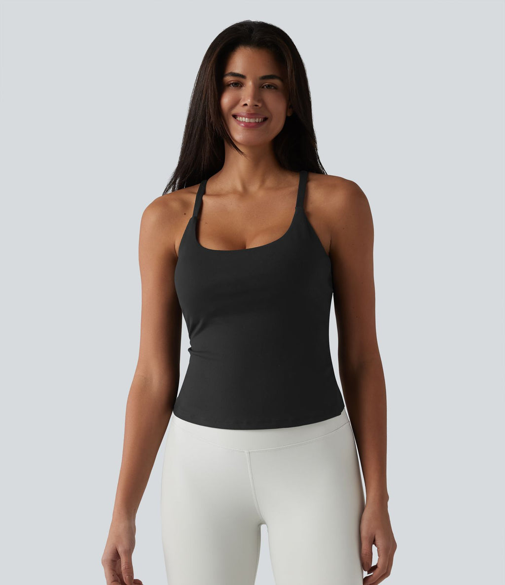 Caraco de yoga col rond échancré à dos croisé et ourlet croisé avec brassière intégrée — Bonnets E-G