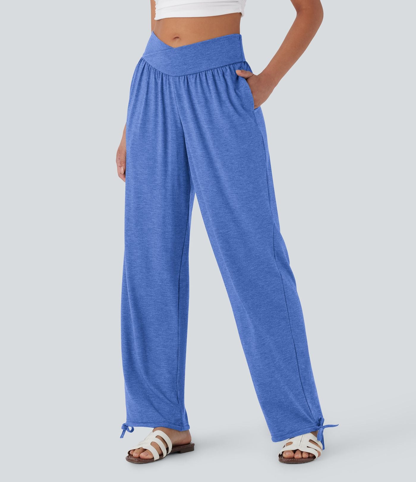 Pantalon de jogging décontracté à taille haute croisée avec poches latérales et cordon de serrage