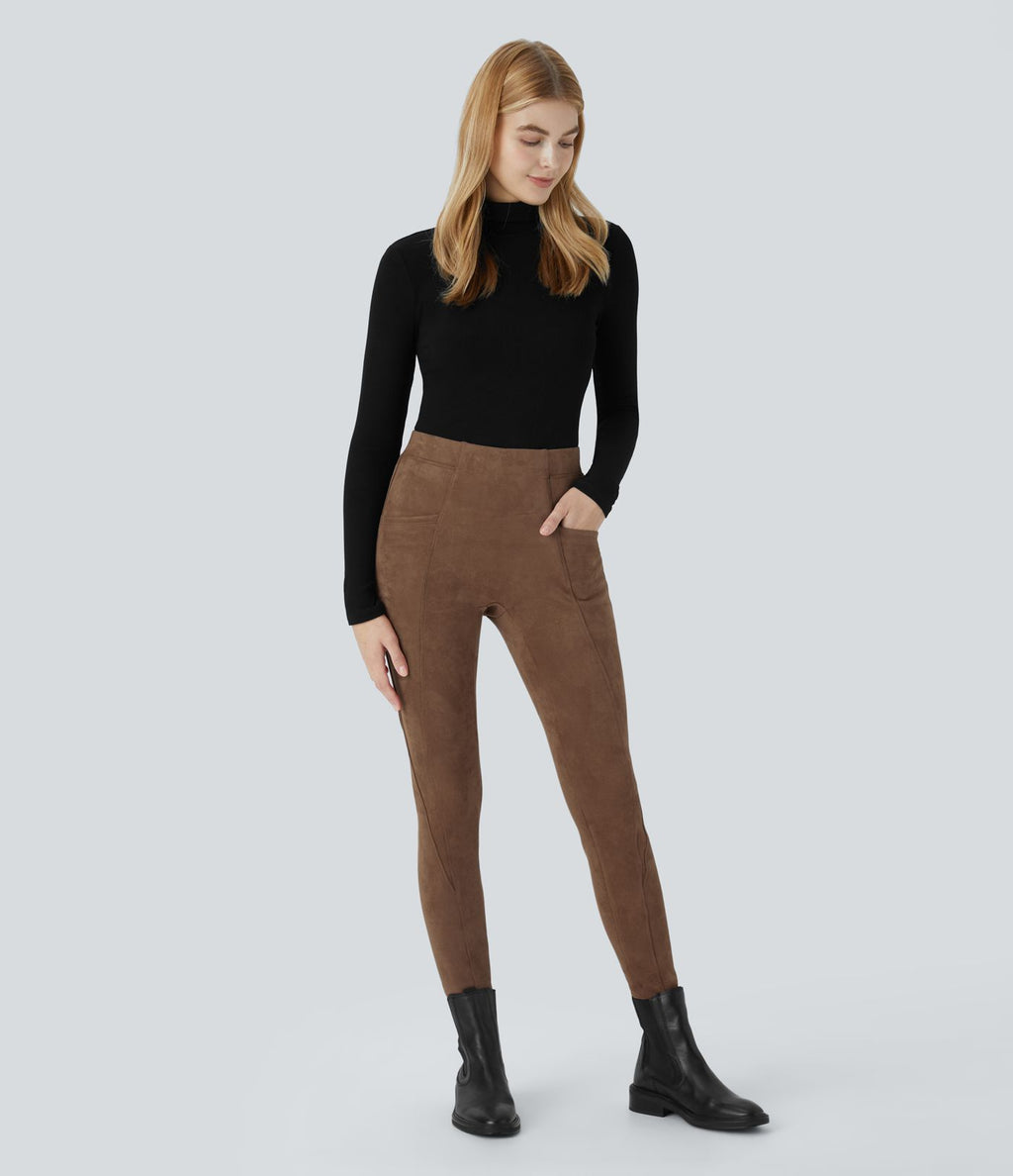 Legging décontracté en suédine taille haute, gainant, avec poches latérales