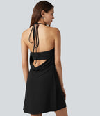 Robe mini côtelée dos nu à col halter, encolure drapée et coussinets amovibles