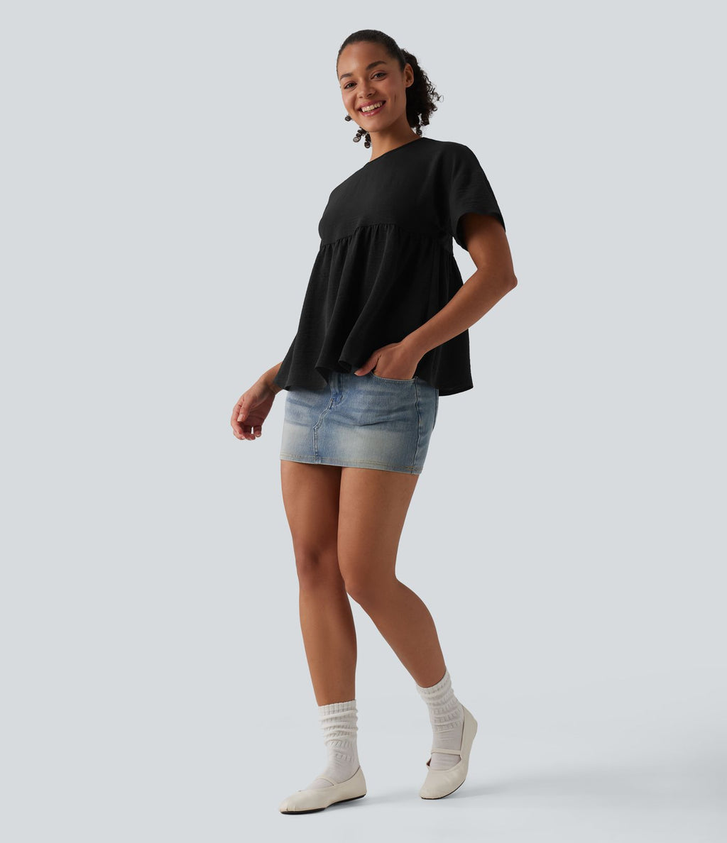 T-shirt décontracté col rond manches courtes ourlet à volants aspect lin