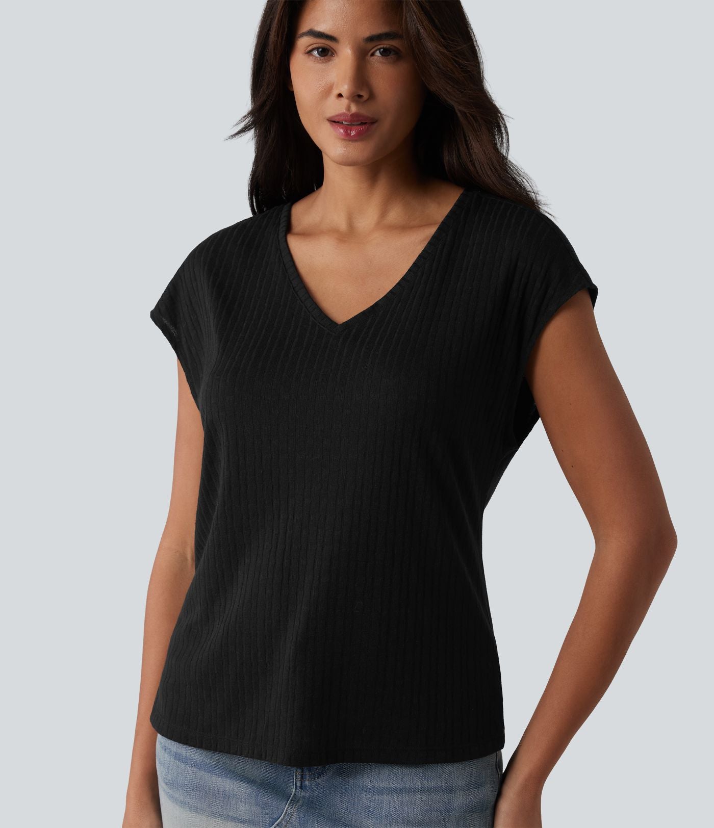 T-shirt casual jacquard col V à manches courtes