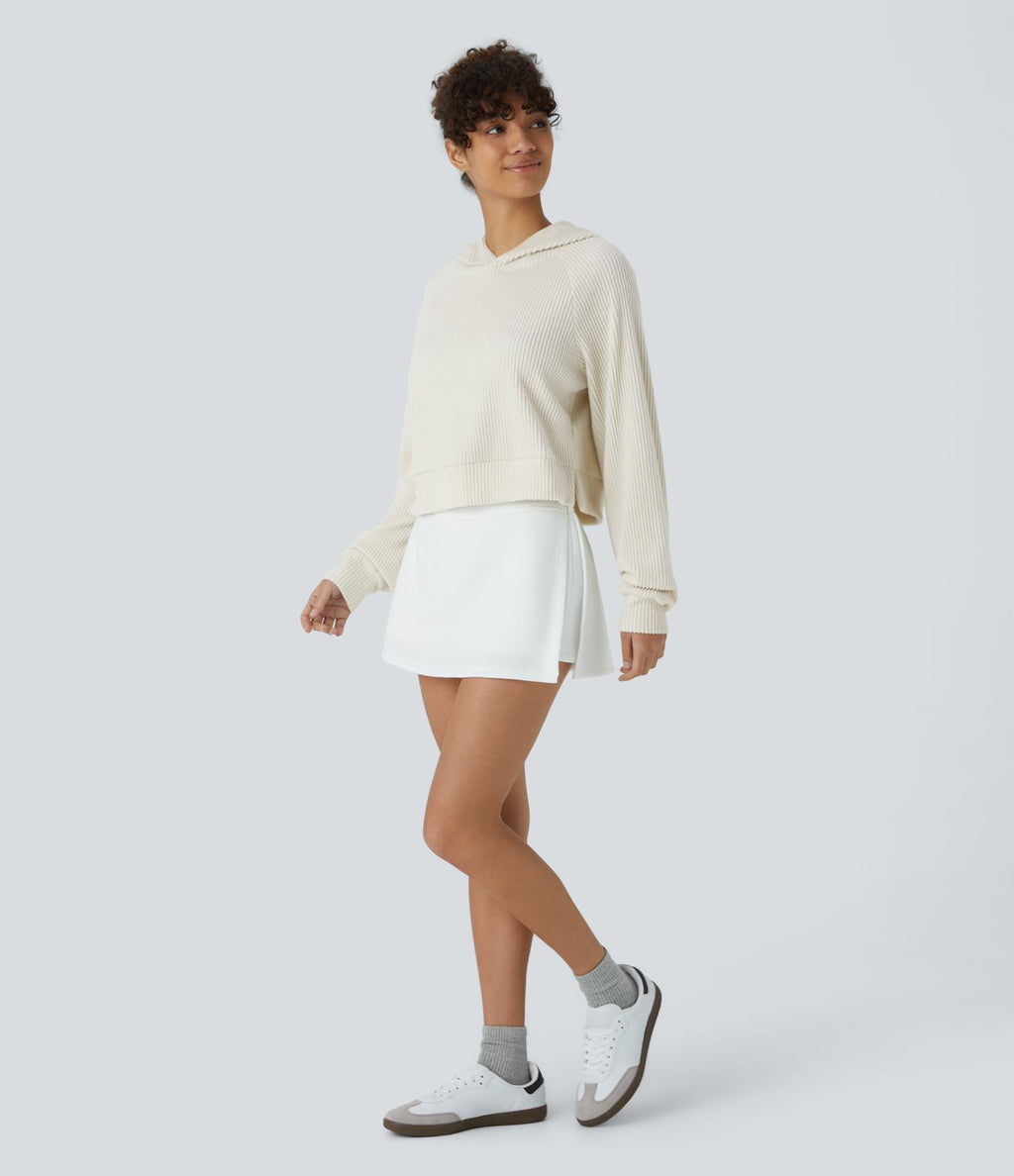 Sweat-shirt décontracté à capuche en maille côtelée avec manches longues et fente