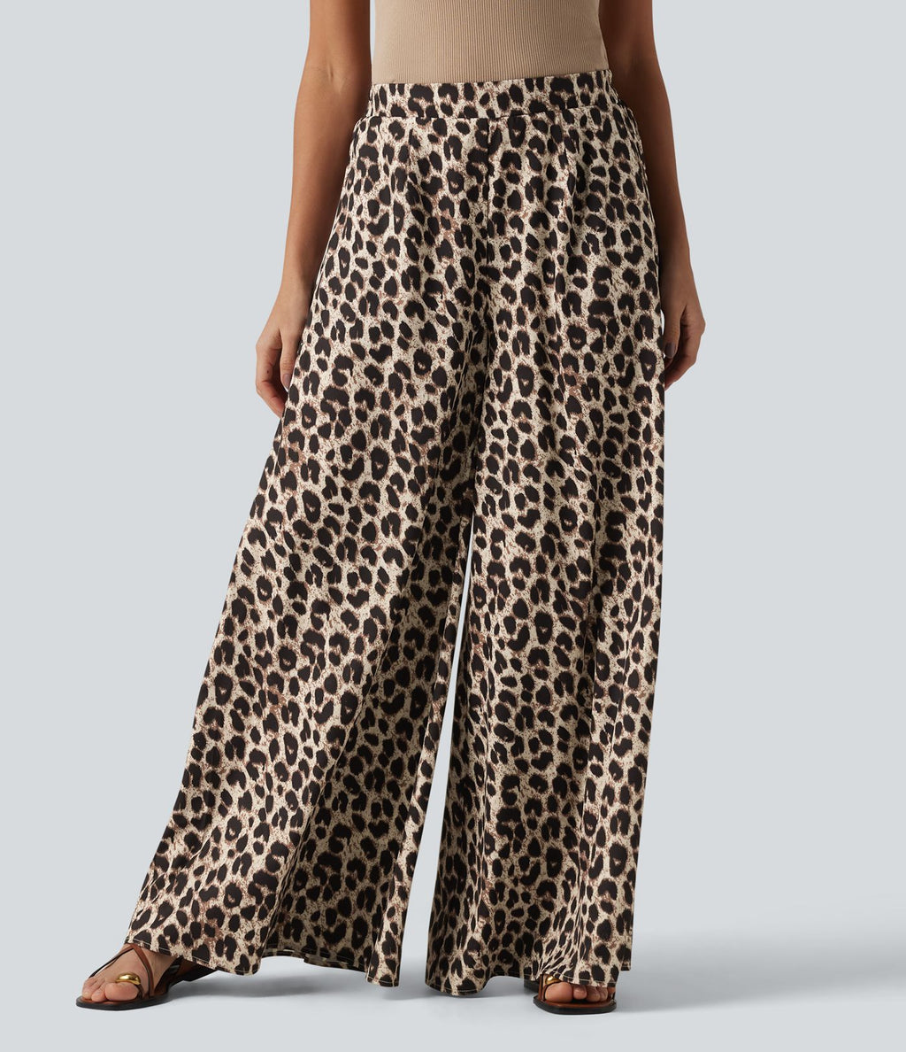 Pantalon large casual taille haute imprimé léopard, avec poches