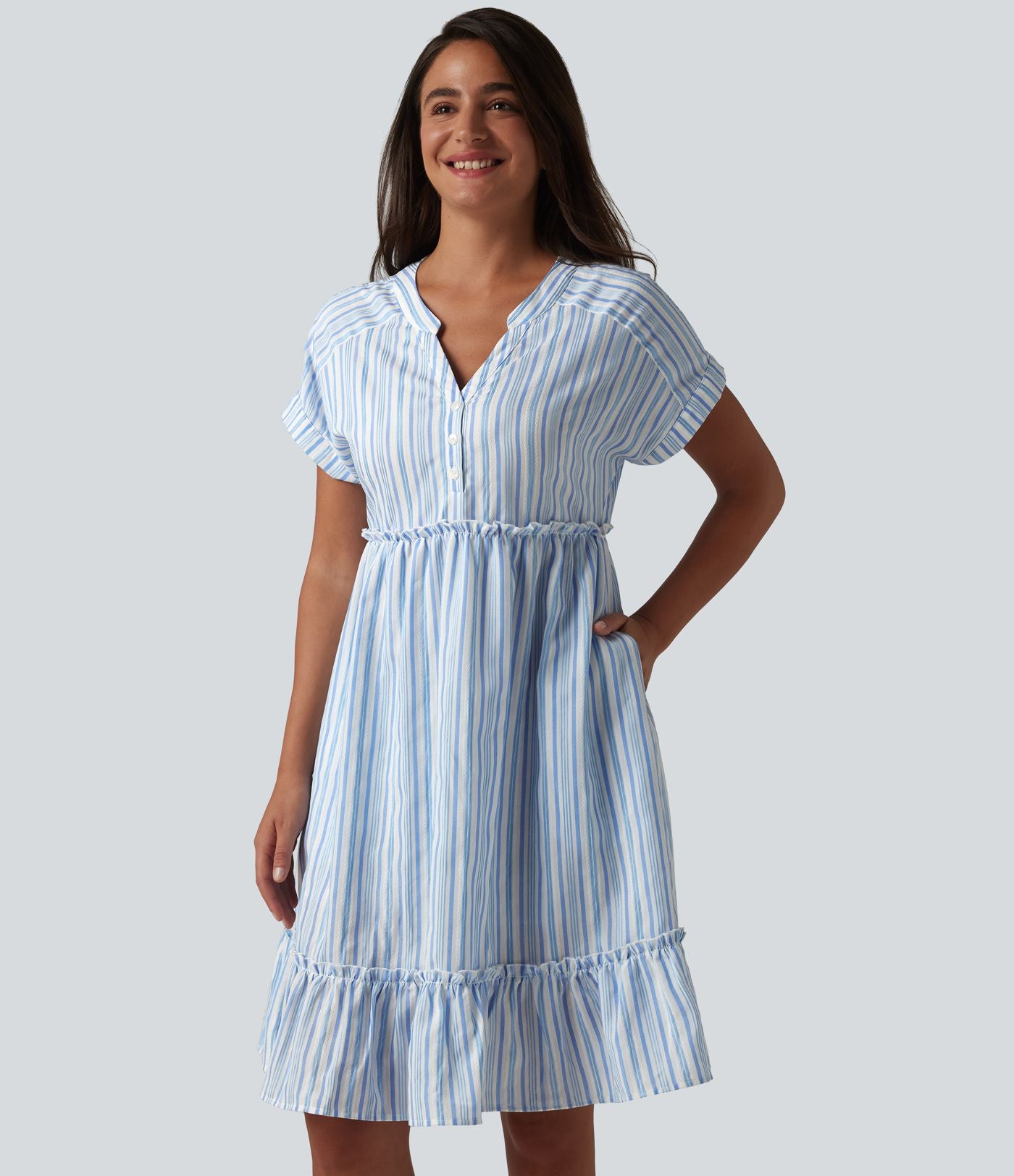 Robe décontractée mini col V manches courtes à rayures avec poches