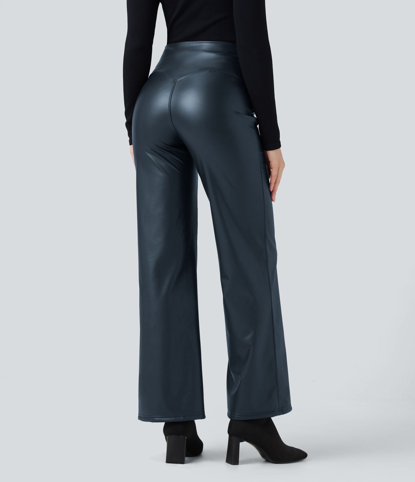 Pantalon similicuir évasé gainant taille haute stretch avec poches