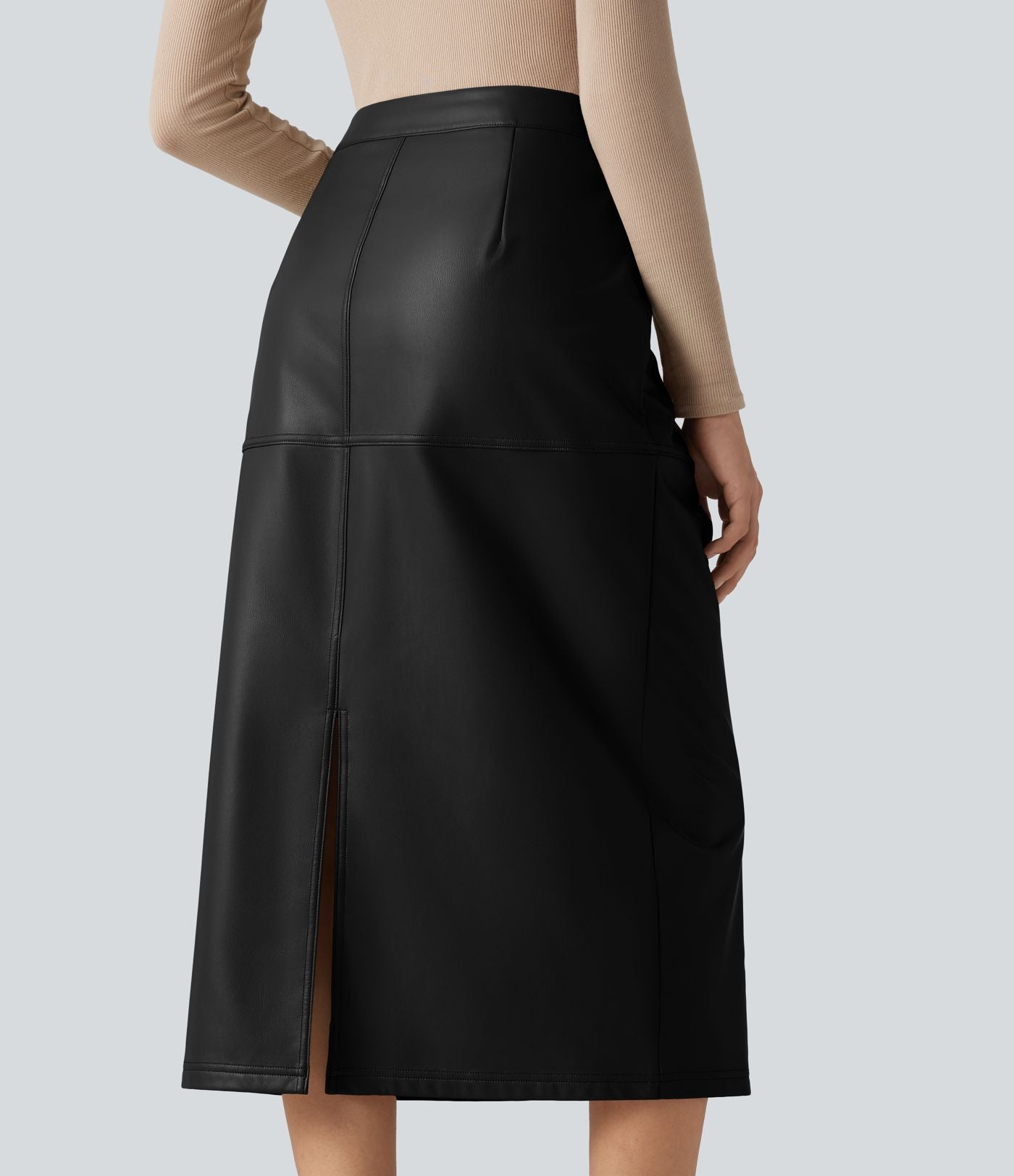 Jupe crayon midi habillée taille haute en simili cuir doublé polaire avec fermeture éclair invisible et fente
