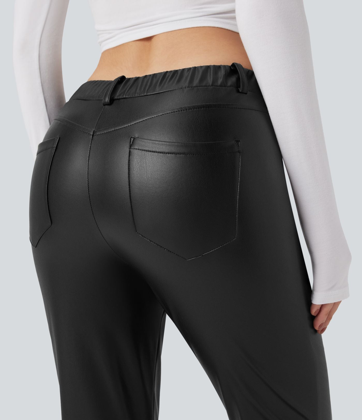 Pantalon simili cuir décontracté fuselé 7/8 taille mi-haute polaire extensible avec poches