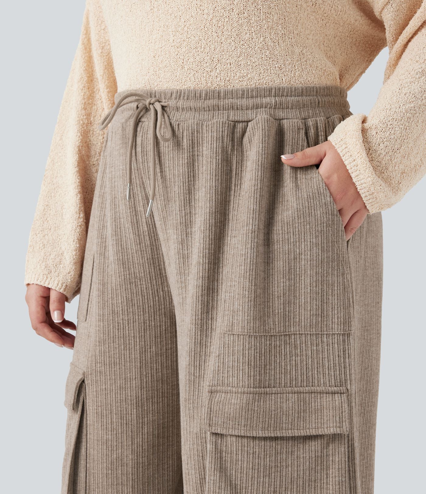 Pantalon cargo décontracté grande taille, ample, côtelé, taille mi-haute, à cordon, avec poches