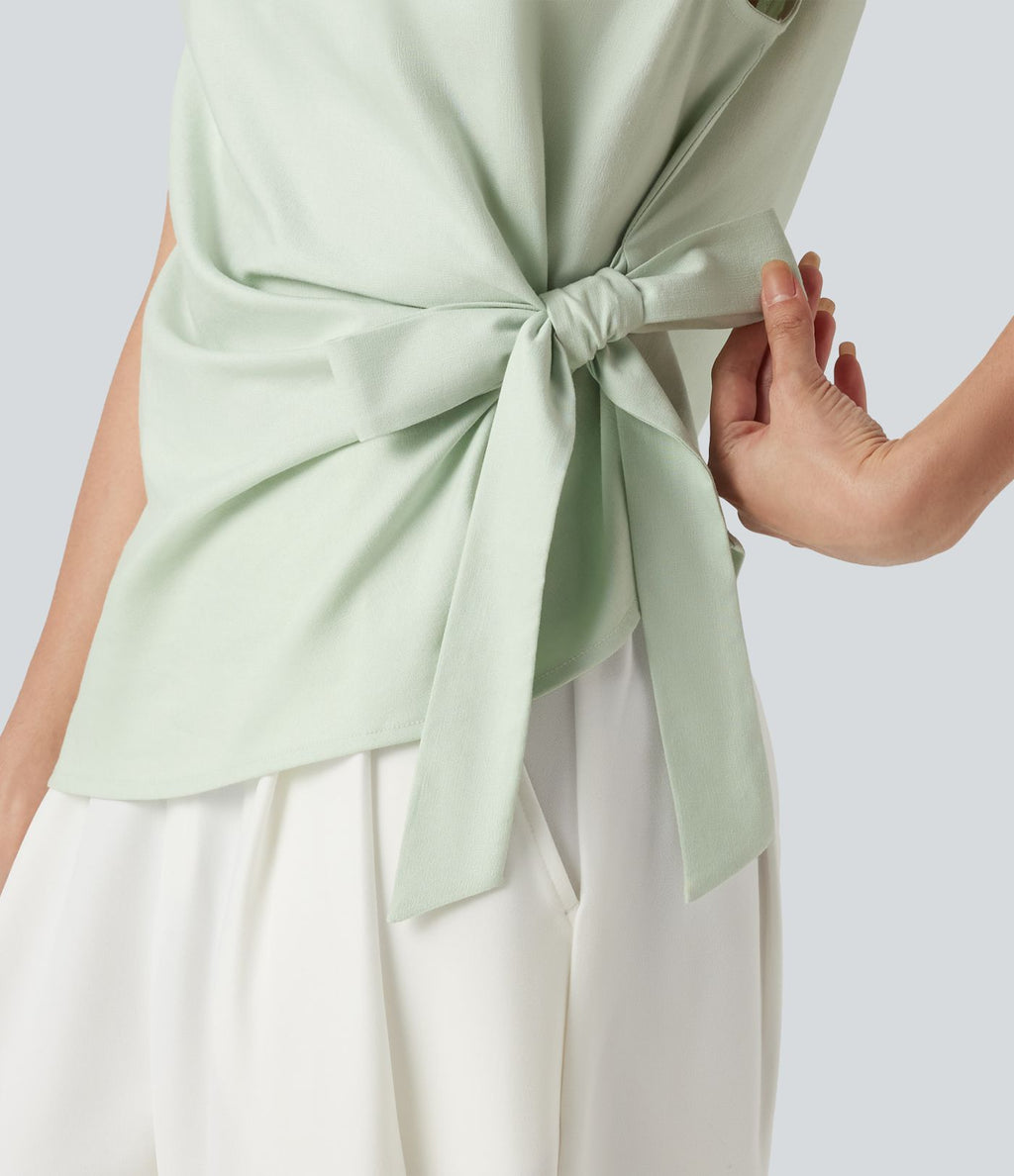 Blouse casual col bateau en mélange de lin à [manches cap] nouée sur le côté