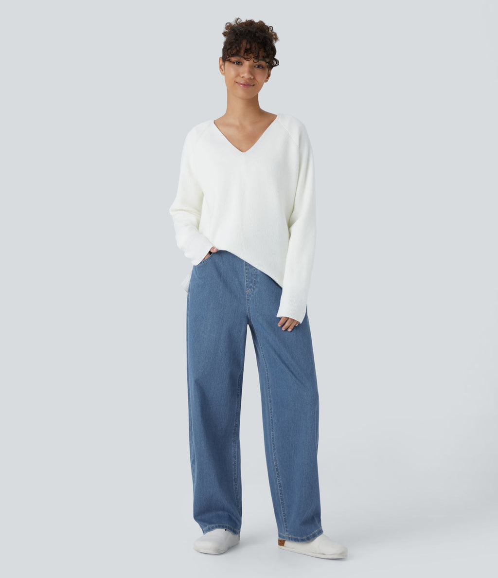 Jean ample délavé taille haute en maille extensible avec poches multiples