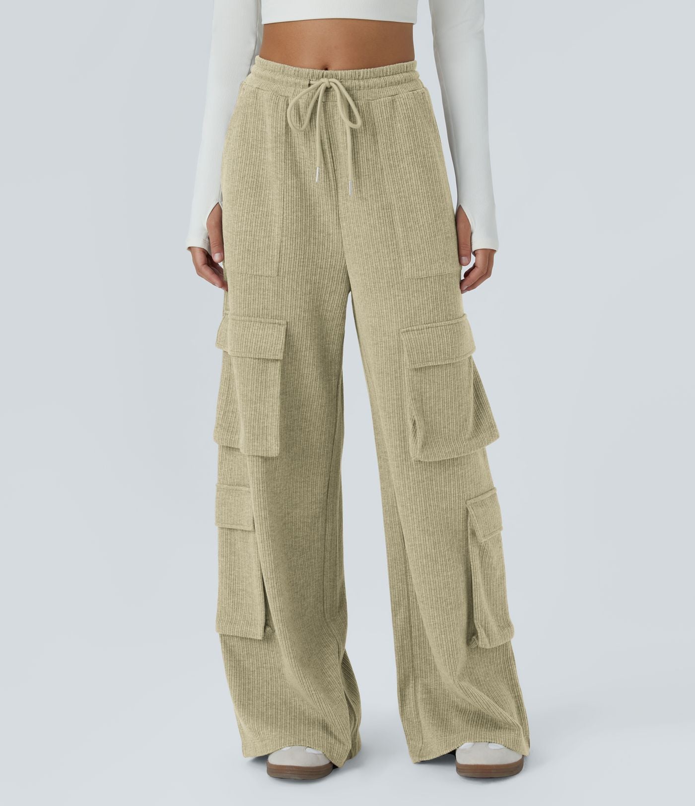 Pantalon cargo décontracté large à cordon côtelé, taille mi-haute, avec poches