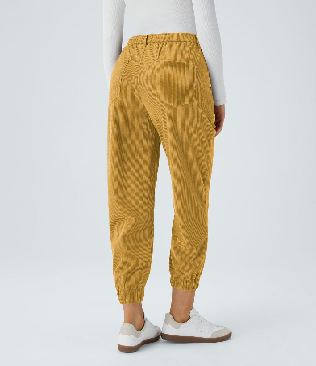 Pantalon décontracté en velours côtelé avec taille mi-haute, boutons et fermeture éclair