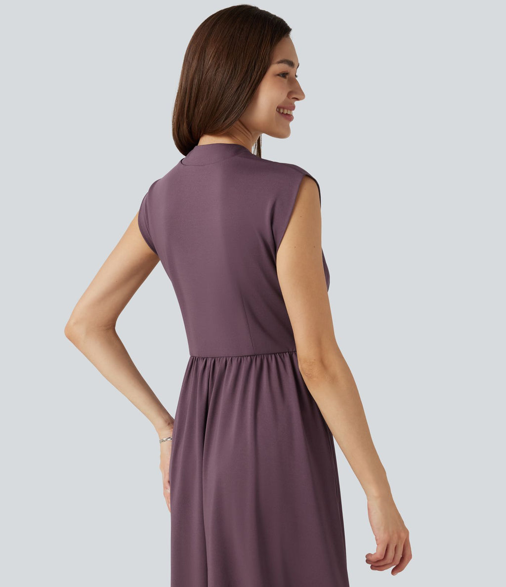 Robe midi fluide esprit bureau sans manches col V avec poches