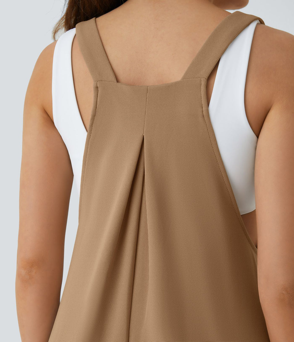 Salopette Casual Bretelles Ajustables Boutonnés Multiples Poches Plis et Tissu Gaufré