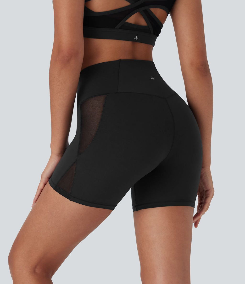 Short cycliste de yoga Softlyzero™ taille haute avec design croisé, filet contrasté, poche arrière et protection UPF50+ - 12,5 cm