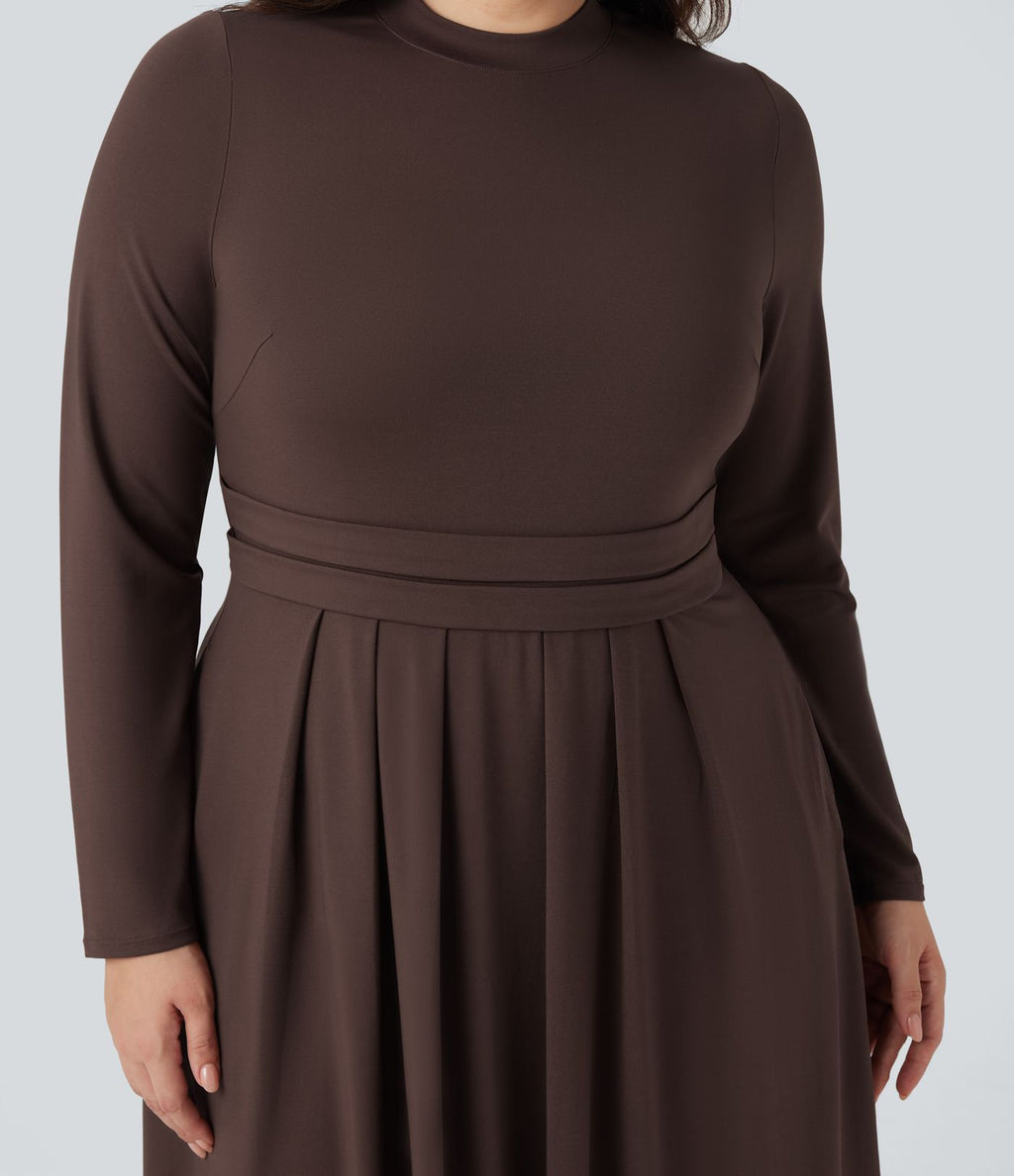 Robe décontractée maxi évasée grande taille col montant manches longues avec poches