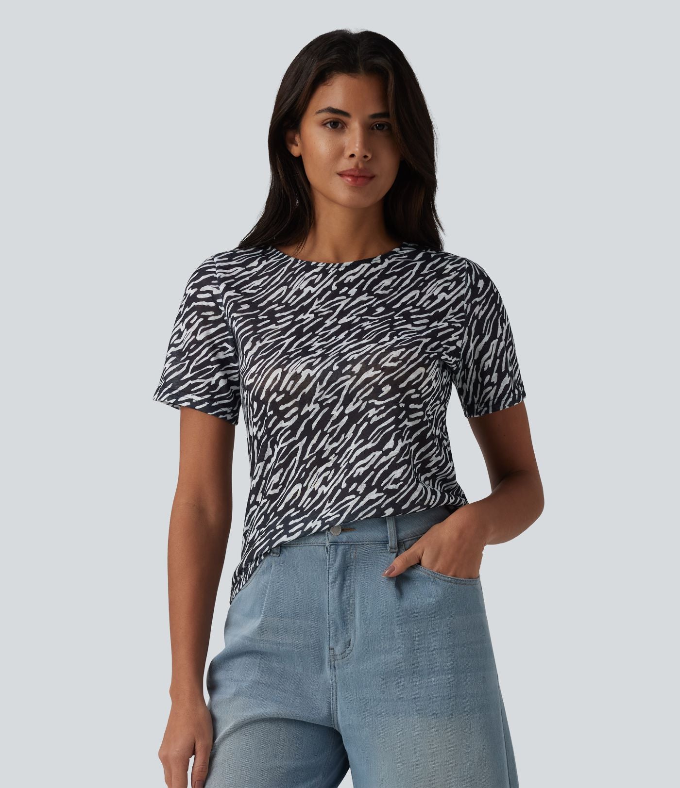 T-shirt casual imprimé zèbre col rond à manches courtes