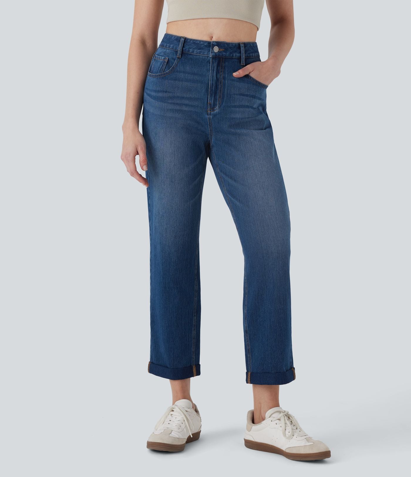 Jean 7/8 décontracté délavé taille mi-haute à jambe droite Halara Flex™ avec poches