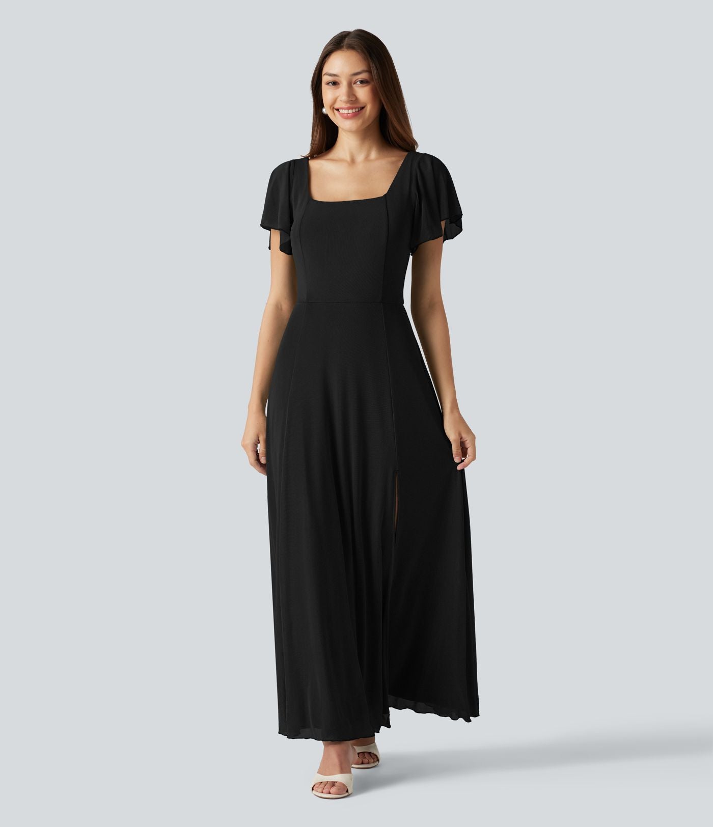 Robe maxi fluide col carré manches courtes soutien-gorge intégré dos noué