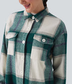 Veste décontractée longue à motif écossais avec ourlet arrondi et poches
