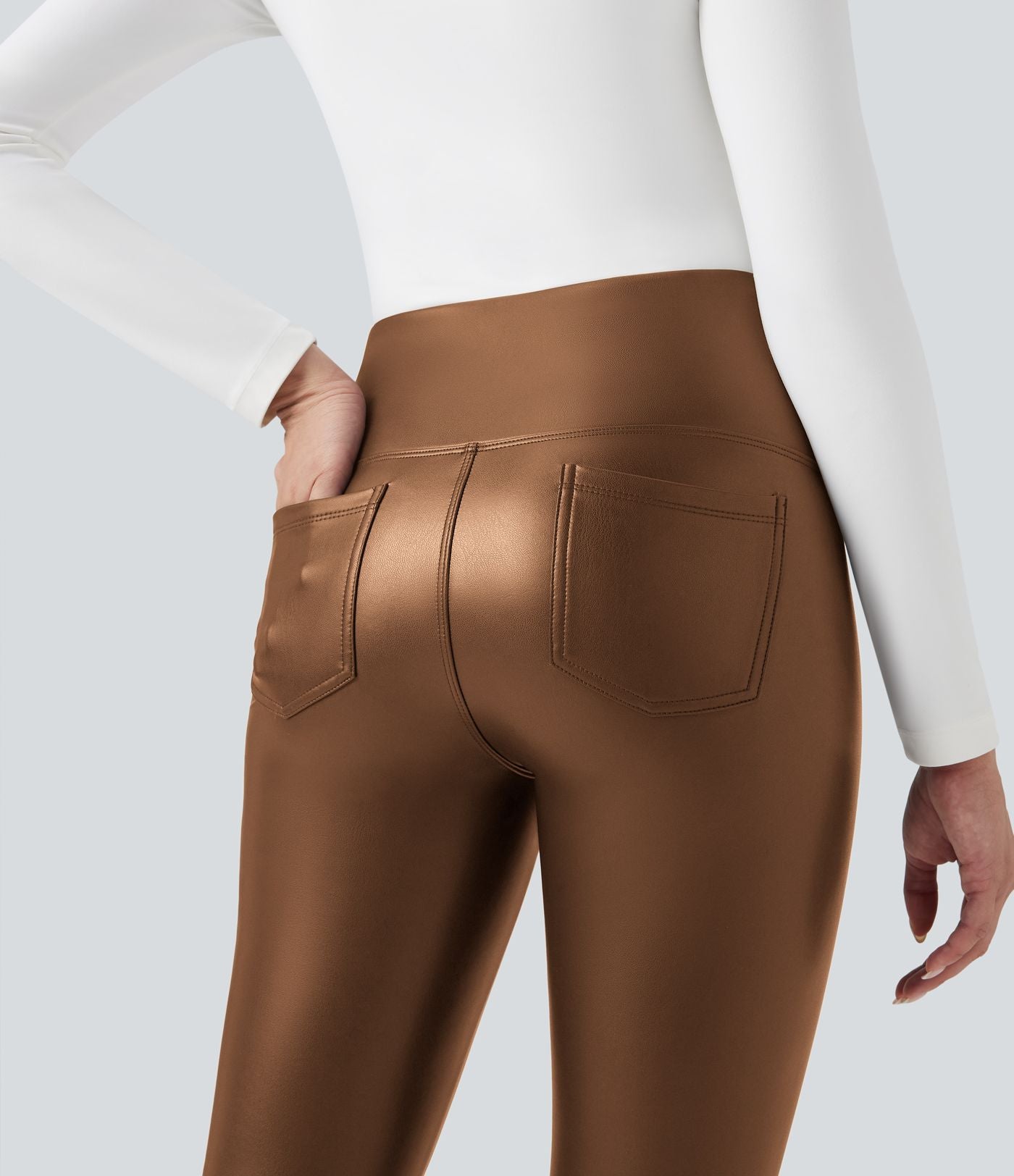 Pantalon 7/8 moulant décontracté polaire gainant taille haute extensible effet cuir avec poches