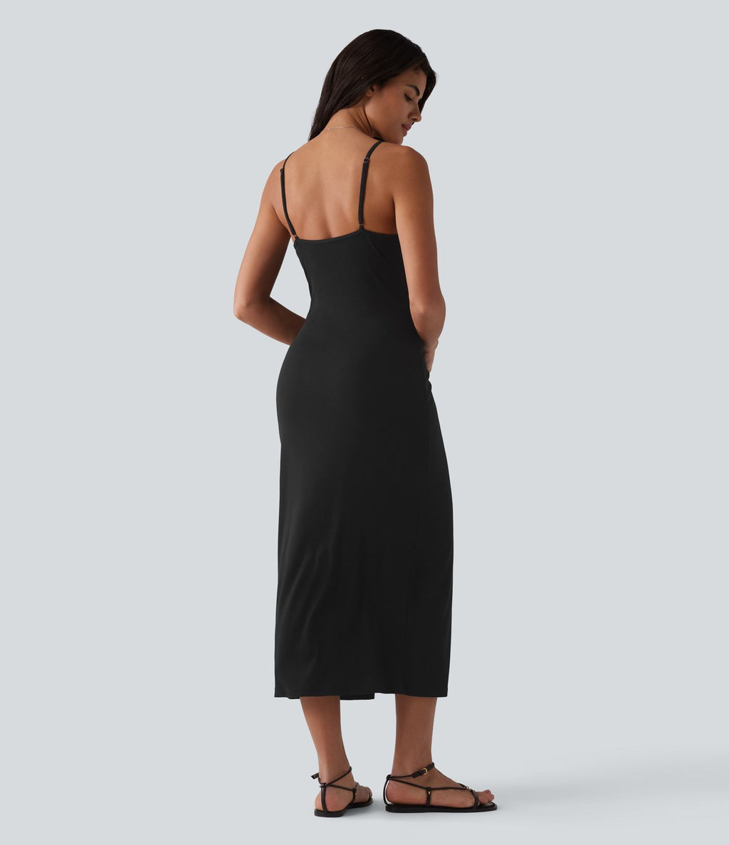 Robe nuisette casual midi moulante côtelée à bretelles réglables avec boutons décoratifs et fente