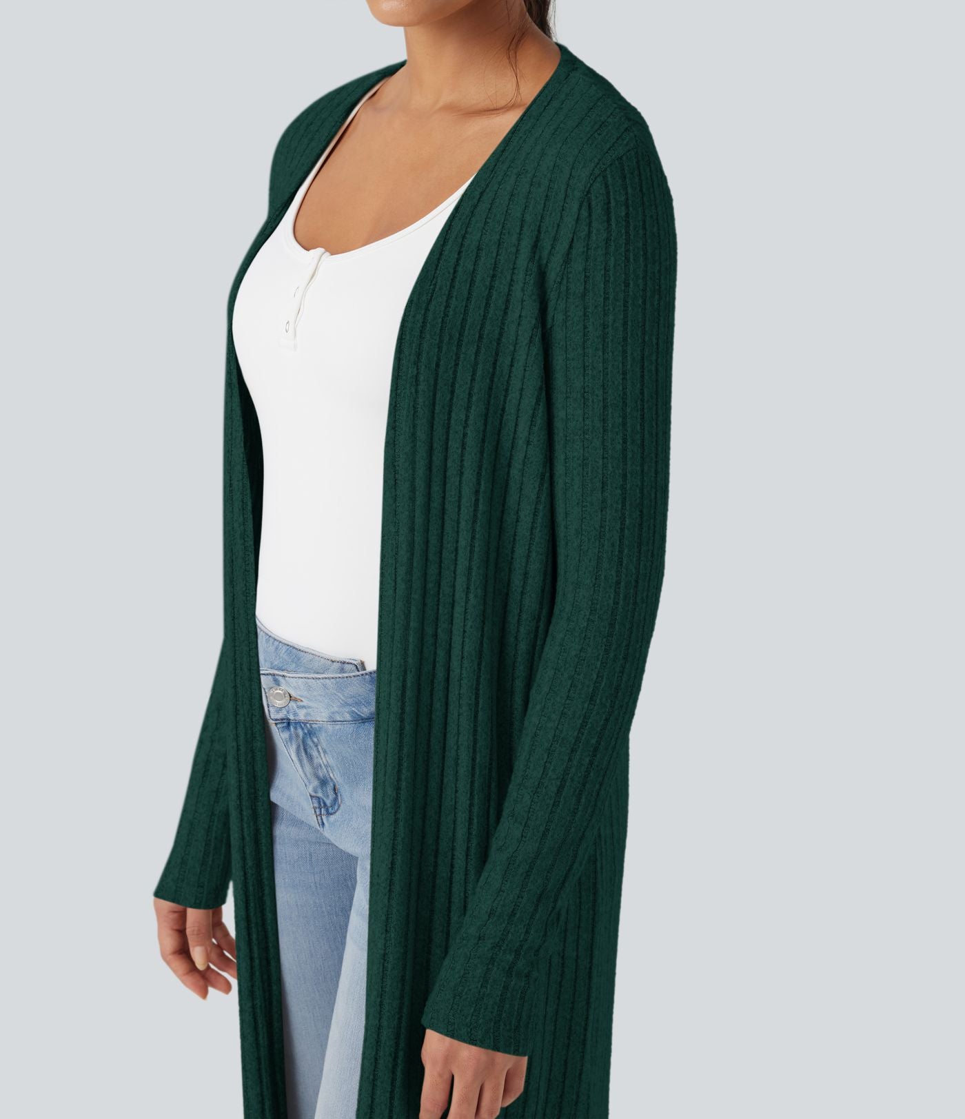 Manteau long décontracté maille côtelée manches longues avec fente