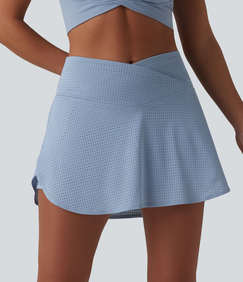 Jupe mini de tennis à œillets, taille haute, 2 en 1, coupe trapèze, croisée, avec poches