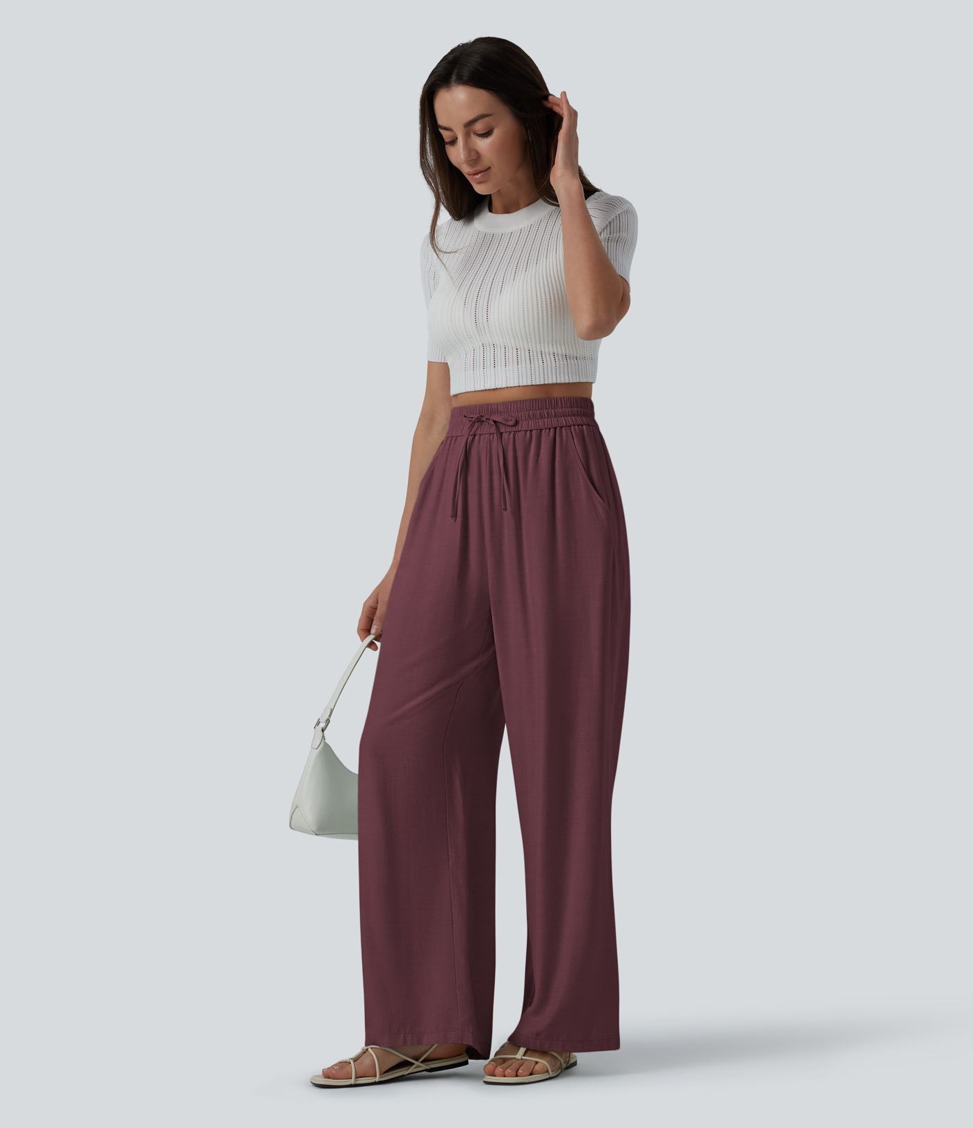 Pantalon casual large fluide mélange lin taille haute avec cordon de serrage et poches