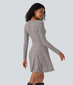 Robe décontractée mini évasée maille côtelée col V manches longues