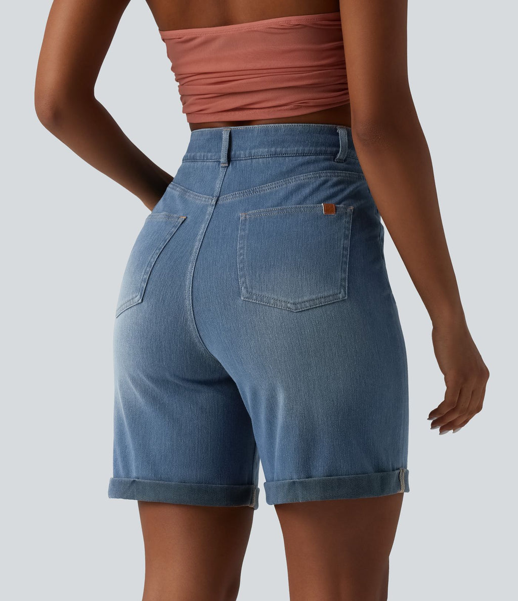 Halara Flex™ Short casual en jean skinny gainant taille haute à ourlet retroussé avec poches