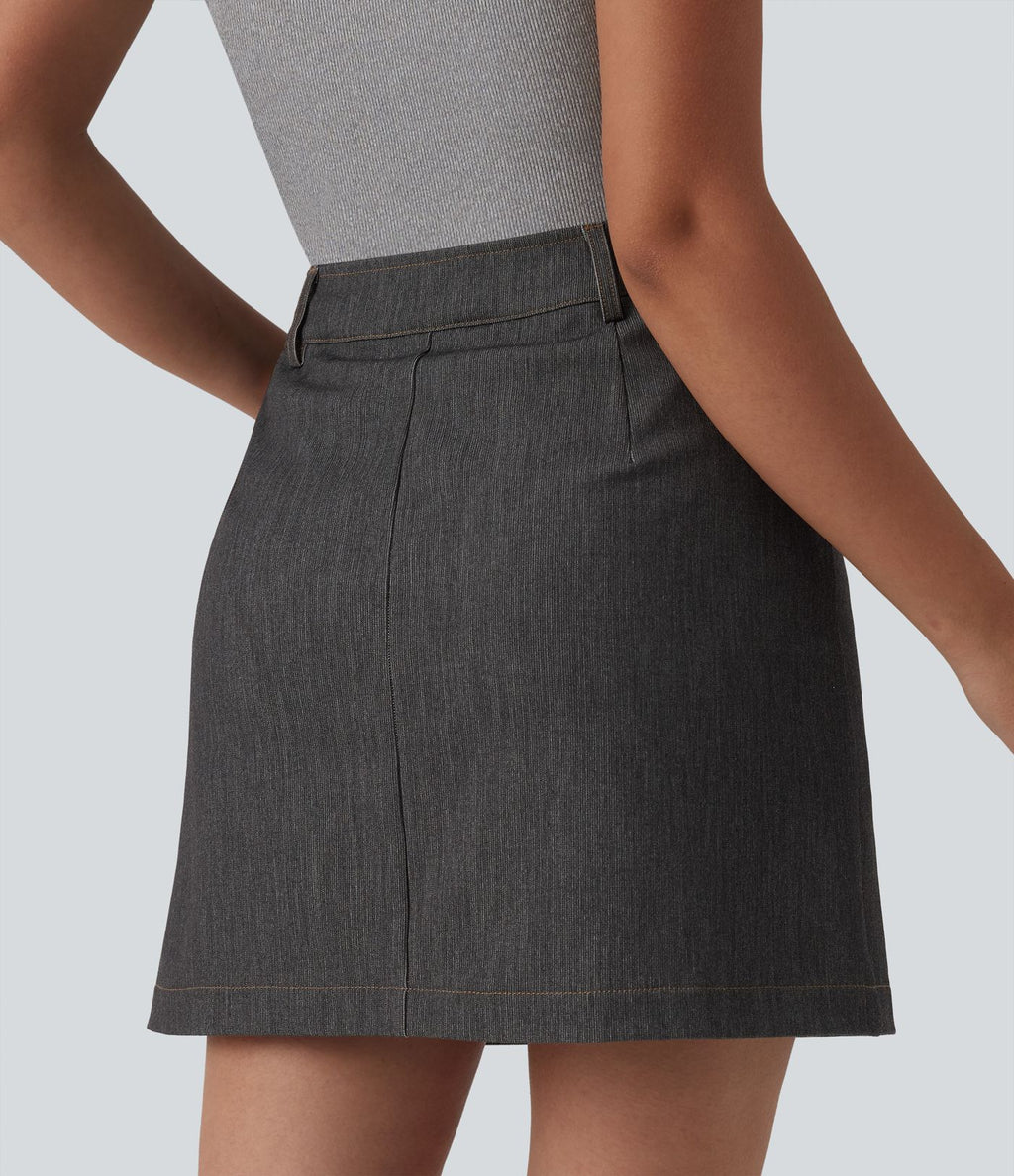 Jupe mini évasée casual 2-en-1 aspect denim taille haute avec poches