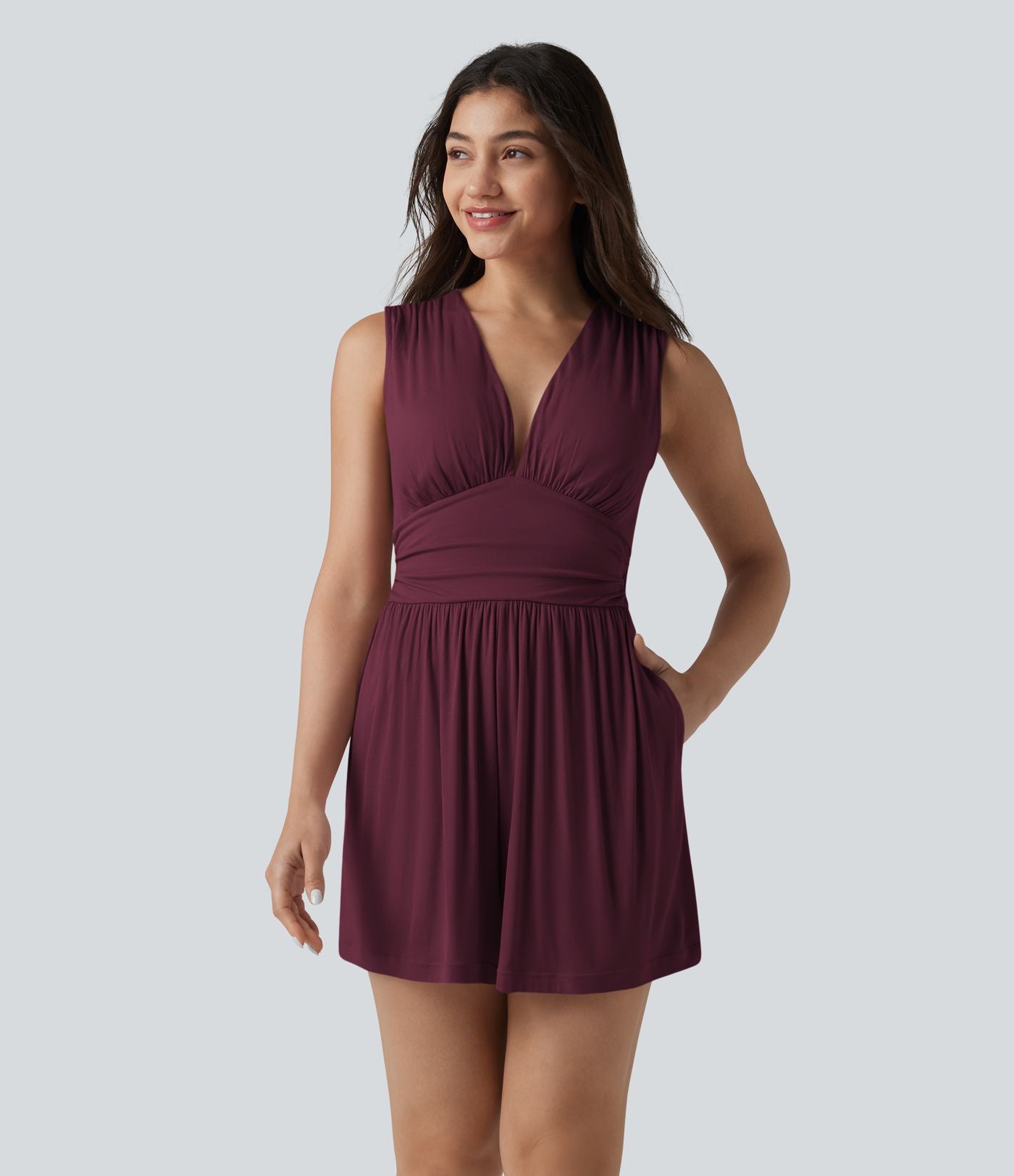 Combishort casual côtelé sans manches col V, fronces et soutien-gorge intégré, avec poches – Easy Peasy