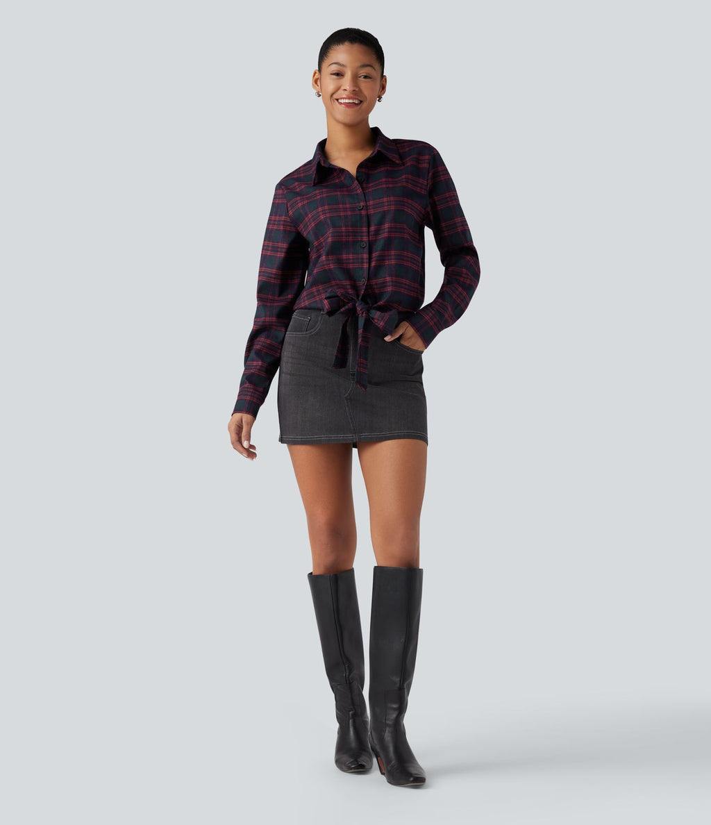 Chemise décontractée à carreaux, manches longues et nœud devant