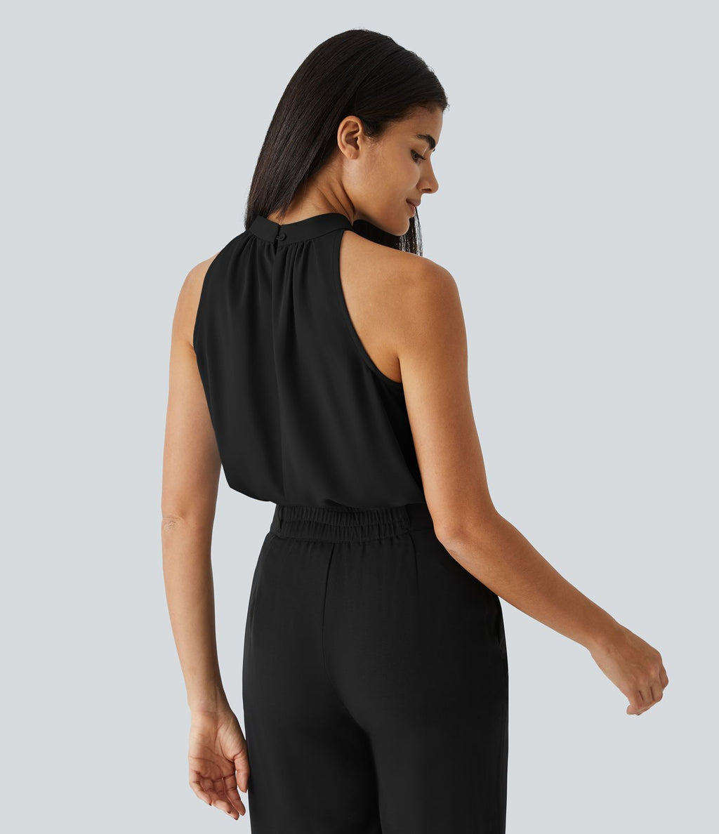 Blouse Travail Sans Manches Ourlet Courbé Col Haut Découpe au Dos Plis