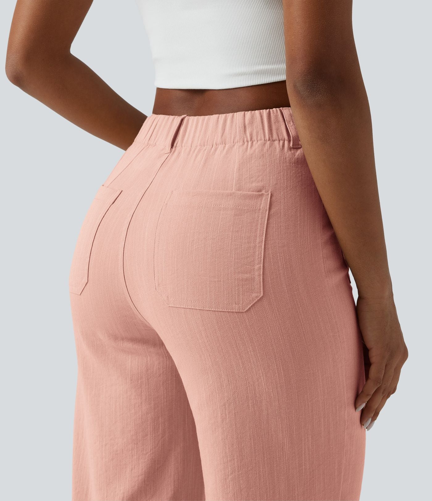 Pantalon taille haute coupe droite effet lin avec poches