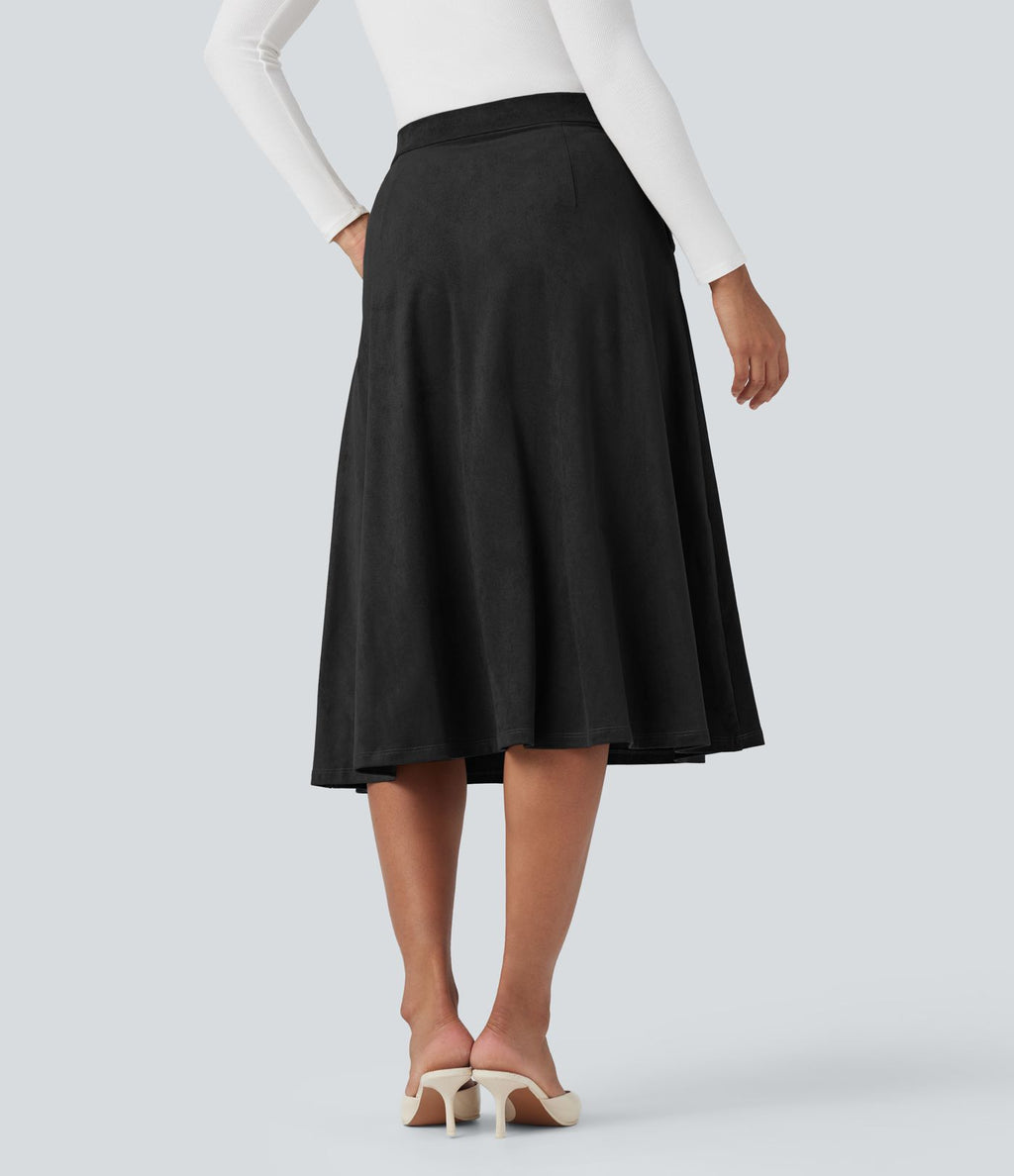 Jupe mi-longue évasée effet daim taille haute avec poches