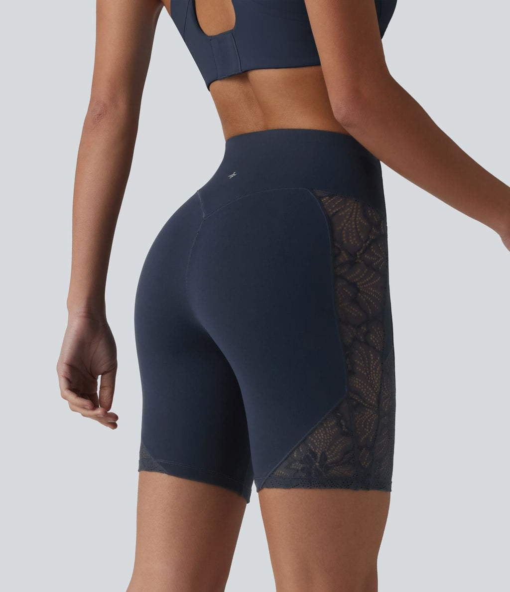 Short cycliste de yoga Halara UltraSculpt™ taille haute ventre plat en dentelle contrastée, 17,5 cm, avec poche