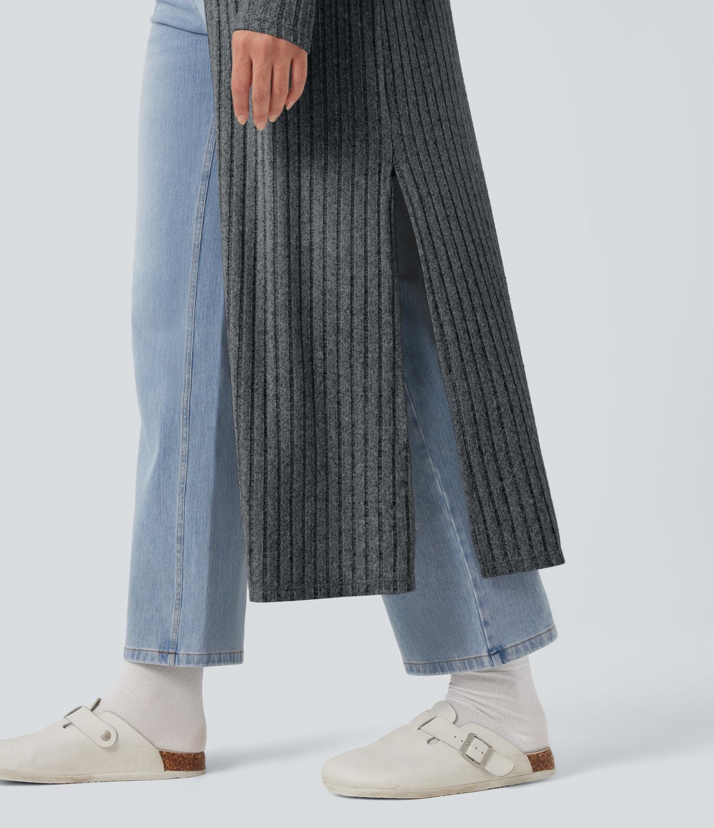 Manteau long décontracté maille côtelée manches longues avec fente