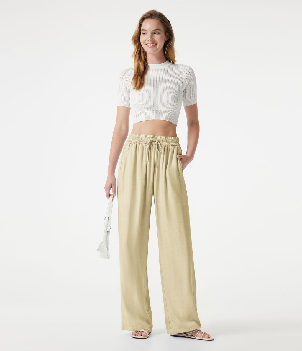 Pantalon large 2-en-1 casual en mélange de lin taille haute avec cordon et poches