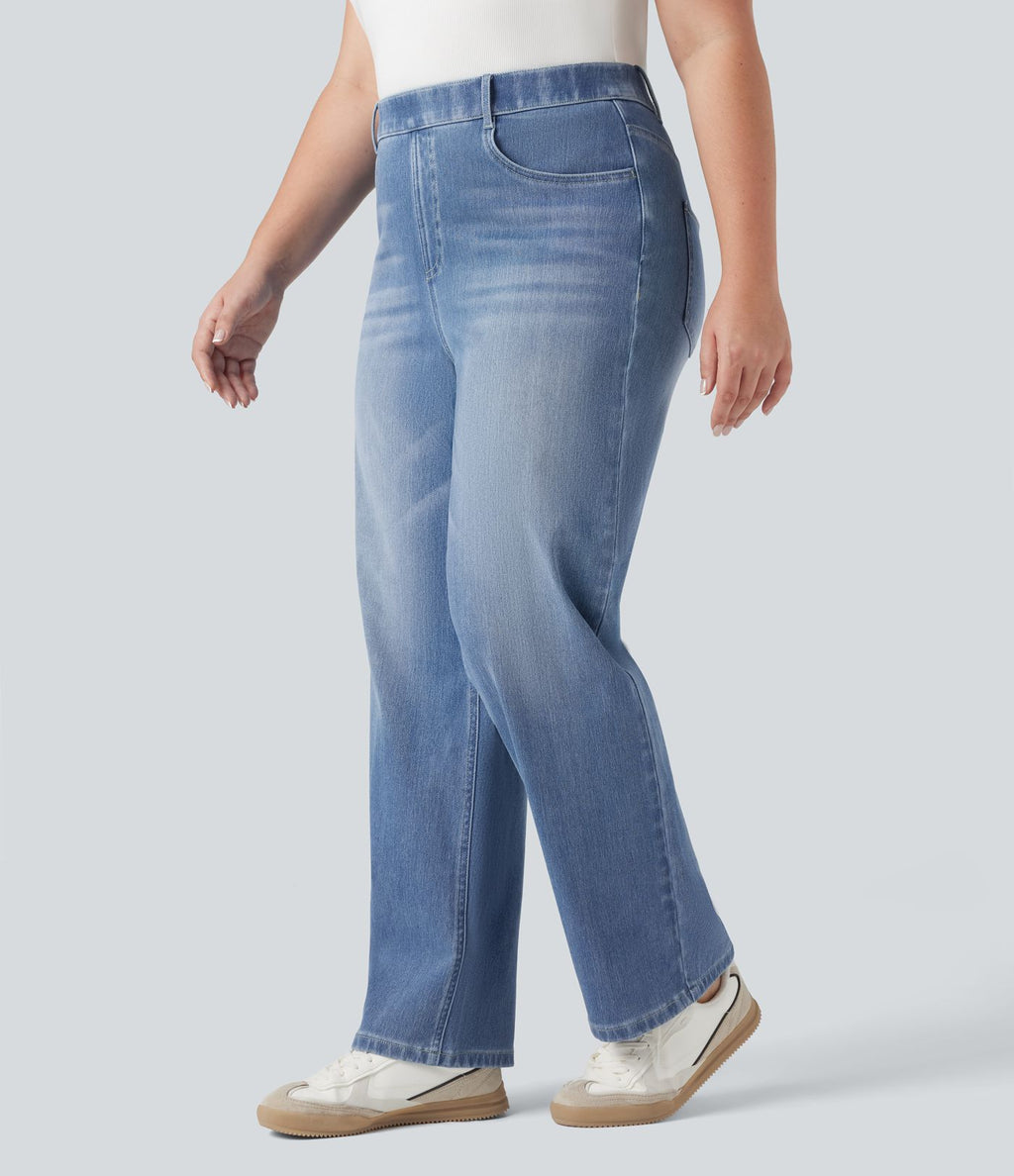 Jean droit décontracté délavé gainant taille haute grande taille avec poches Halara Flex™