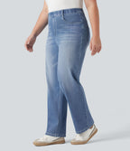Jean droit décontracté délavé gainant taille haute grande taille avec poches Halara Flex™