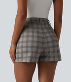 Short tailleur droit à carreaux taille haute avec poches