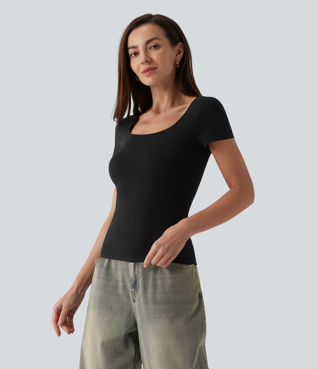 T-shirt Halara décontracté en jersey de coton, col carré, manches courtes, coupe ultra-ajustée effet chiné