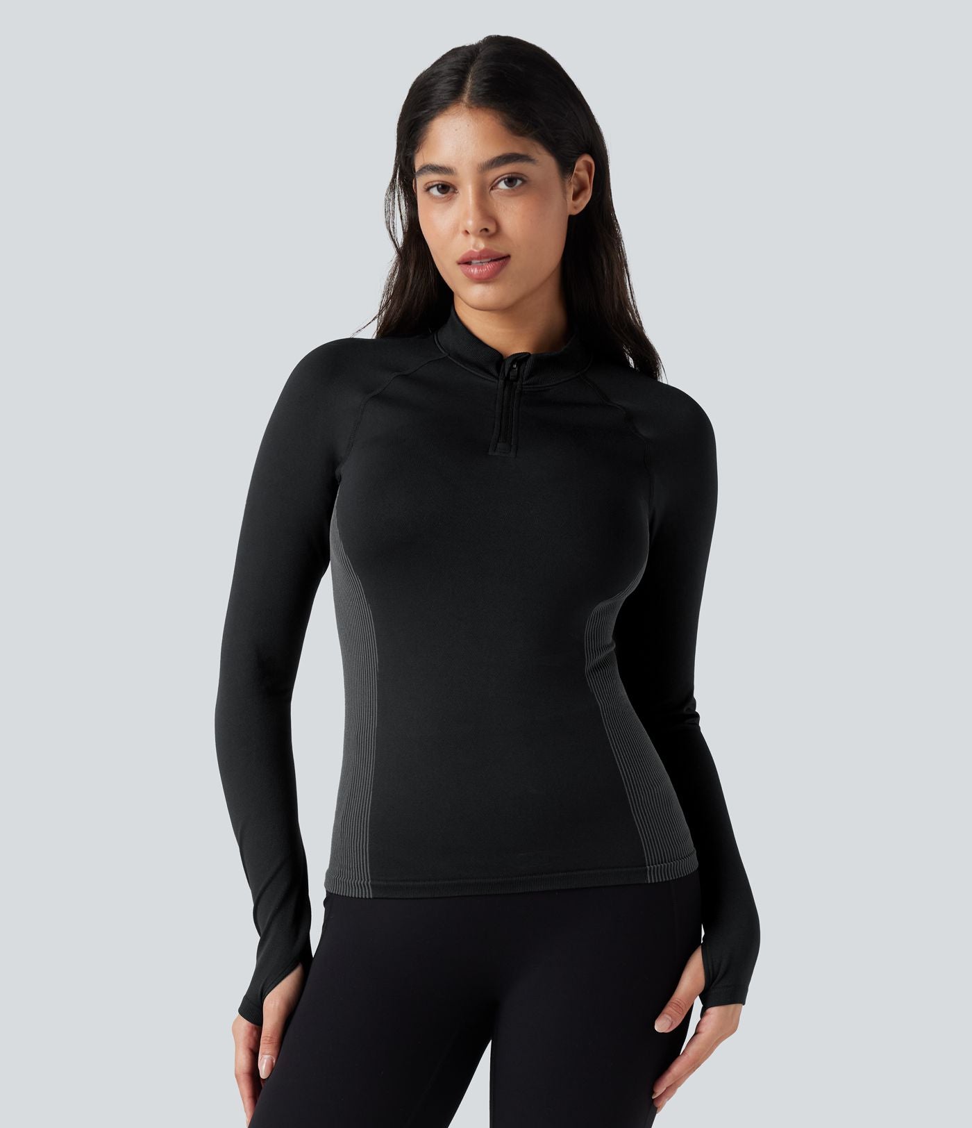 Haut de sport yoga demi-zip à manches longues avec passants pouces sans couture OneForm Seamless Flow