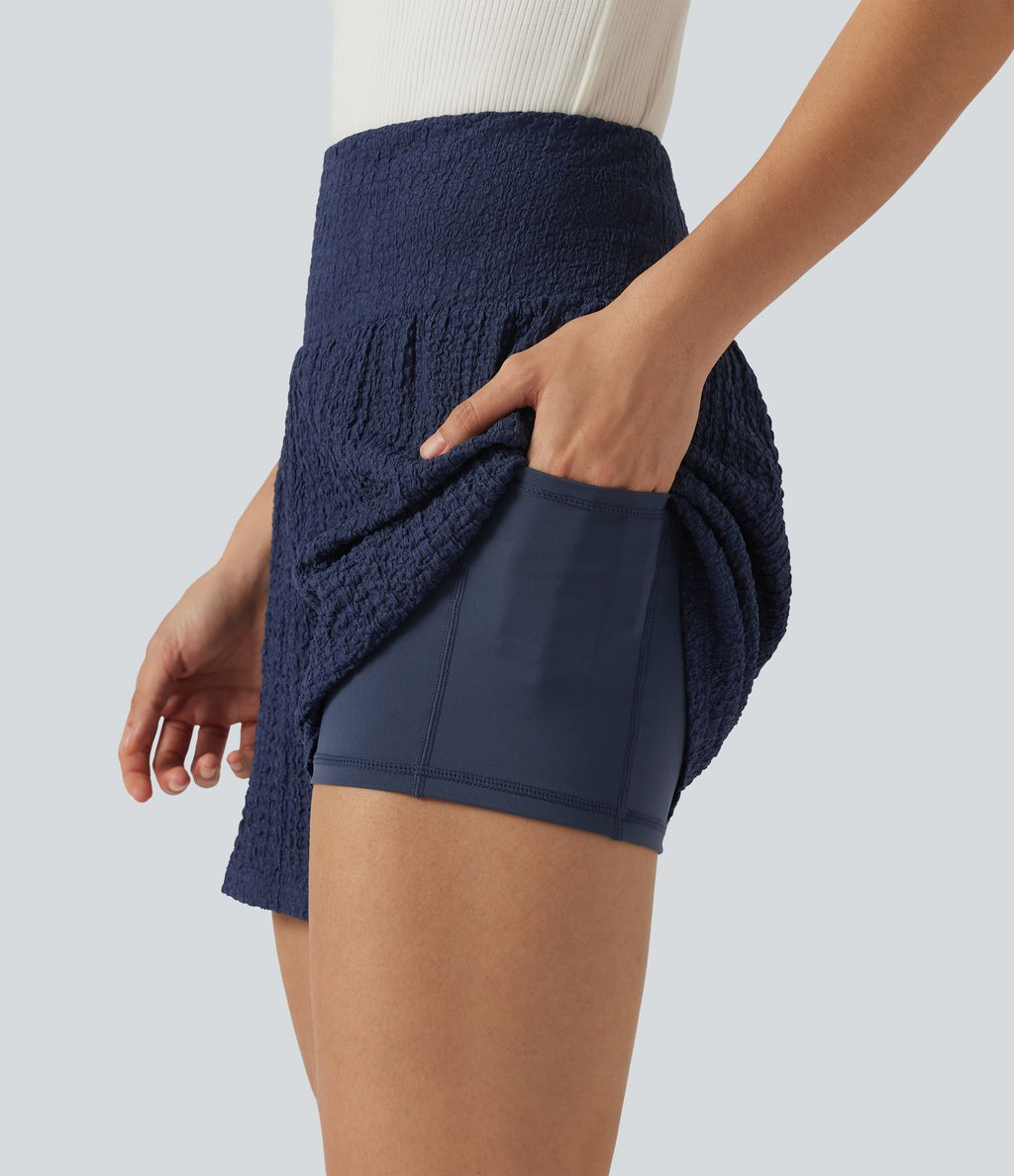 Short baggy 2-en-1 casual en tissu froissé taille haute avec poches