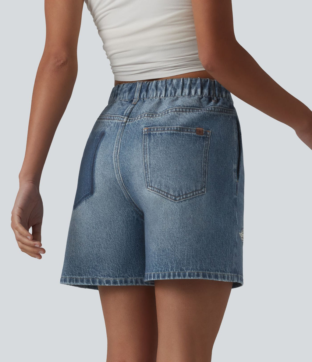 Short casual en molleton imprimé denim taille mi-haute 12,5 cm avec poches