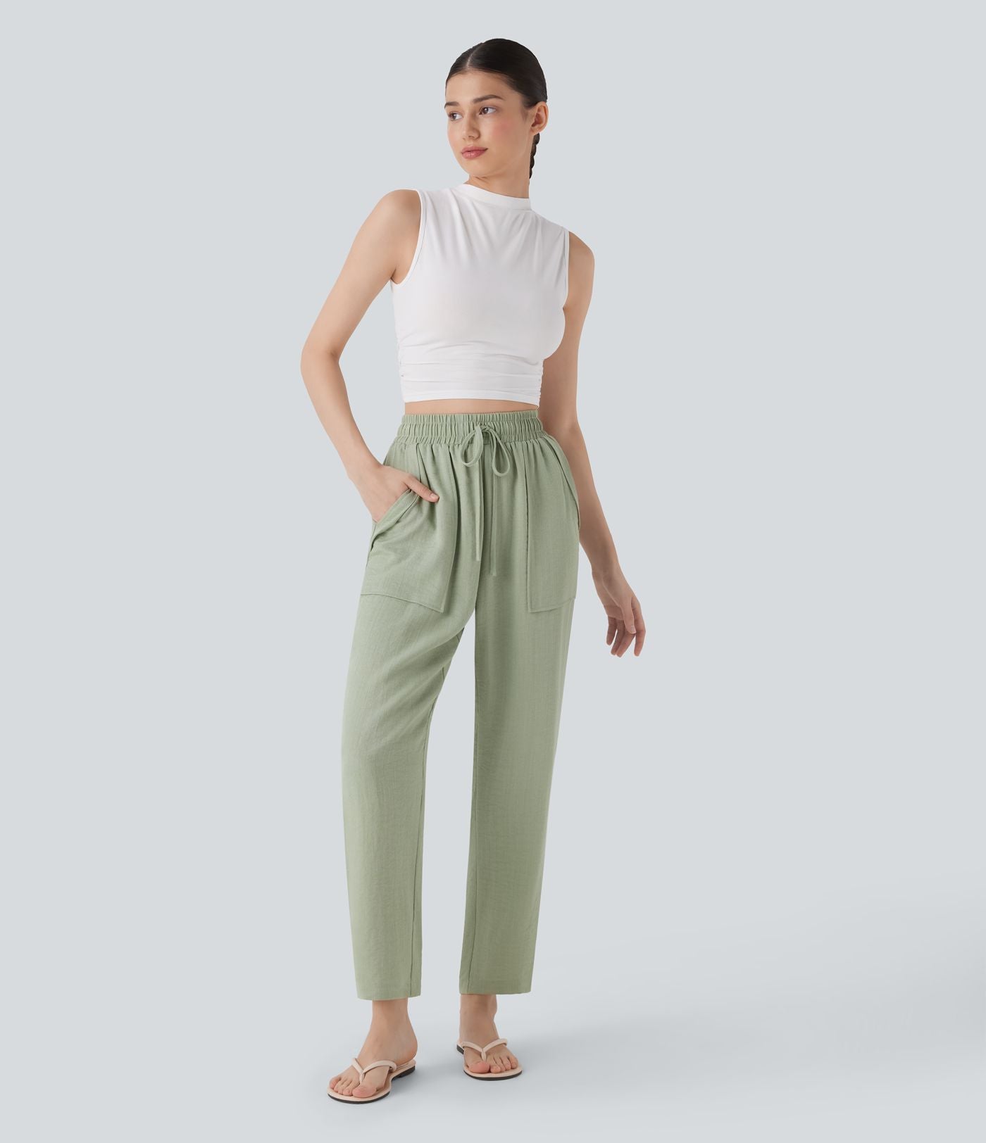Pantalon décontracté taille haute avec cordon de serrage et poches